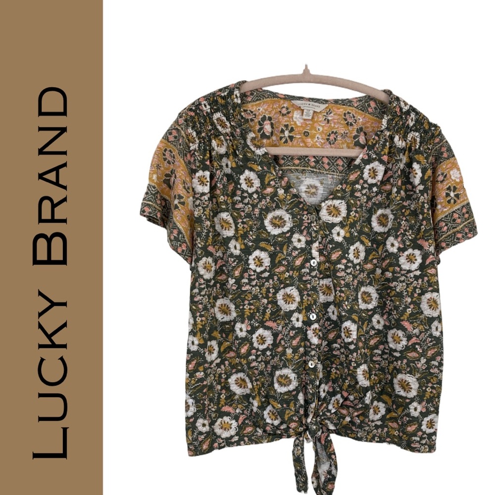 Lucky Brand Bohemian Cottagecore Floral Button Down Tie Front Top | Small Petite